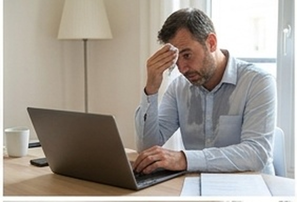 Salarié en télétravail souffrant de la chaleur dans un bureau non climatisé