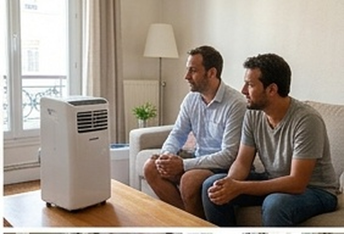 Deux personnes profitant d'un salon rafraîchi par un climatiseur mobile loué à la journée